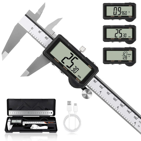 Rechargeable Digital Caliper With Auto Off, One Key Reset, And mm In F Conversion, 6 Inch Measuring Tool displayed with big display and case