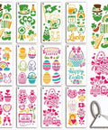 Spring Season Reusable Art Stencils For Painting 12 Piece Collection featuring heart, clover, and rabbit motifs on plastic sheets.
