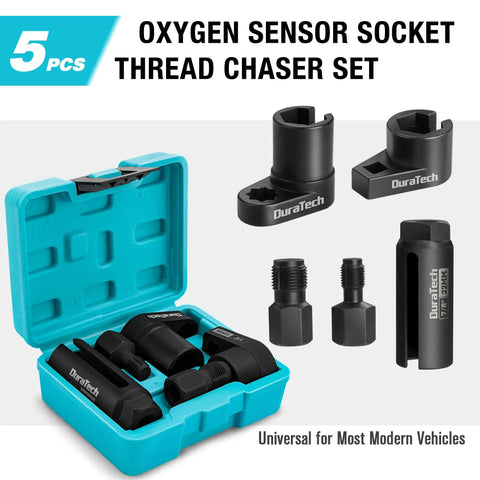 Five Piece Oxygen Sensor Socket And Thread Chaser Kit For Cars With 22mm Offset Sockets In One Half Inch And Three Eighth Inch Drives Long Socket M12 By One Point Two Five And M18 By One Point Five Thread Chasers, shown with blue carrying case and individual socket components.