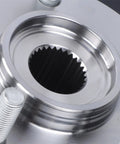 Close-up view of the front left wheel hub bearing steering knuckle assembly replacement for Sonata 2006 2010 model.