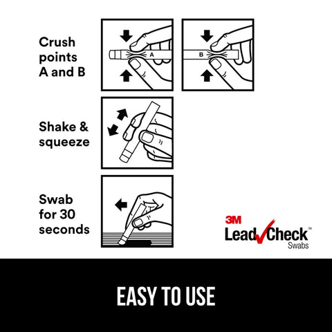 Diagram showing instructions for Instant Lead Test Swabs Pack Of Two For Quick Surface Lead Check EPA Recognized Simple To Use.
