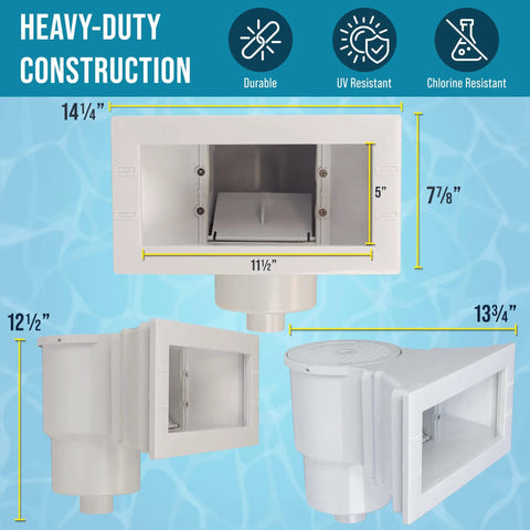 Wide Mouth Thru Wall Above Ground Pool Skimmer Kit With Beefy ABS Construction shown with dimensions.