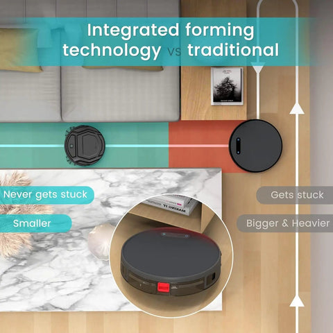 Display of Compact Robotic Vacuum With Beast Mode Suction And Quiet Operation, 120 Minutes Run Time, Self Charging, WiFi App, M210 navigating under furniture.