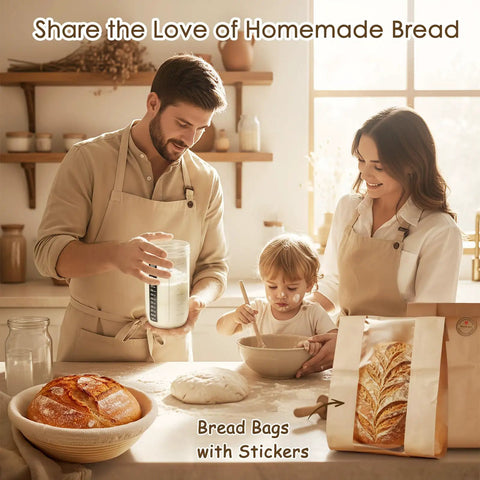 Family baking bread with Beginner Friendly Sourdough Starter Kit With Round And Oval Banneton Baskets, 13 Piece Bread Making Tools Set.