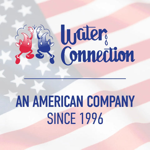 Water Connection logo with red and blue characters on American flag background, American company since 1996.