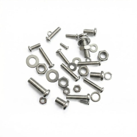320 Piece Small Metric Machine Screws Set With Nuts And Washers, M2 To M5, includes lock and flat washers, shown scattered on white background