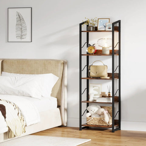 Five Tier Tall Bookshelf Featuring Rustic Brown Wood Panels And Sturdy Metal Frame Narrow Storage Organizer Perfect For Living Room Or Home Office Slick Display Rack Built Tough As Nails To Keep Your Stuff Neat And Tidy Without A Fuss