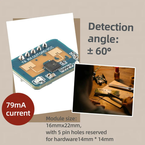 LD2410C 24GHz Millimeter Wave Radar Sensor Module for Non Contact Human Presence Detection, FMCW Signal Processing, High Sensitivity, Serial Port IO Level Output, ISM Band Compatible, Plug And Play Integration, 16x22mm board