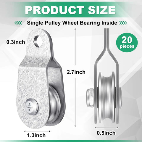 20 Pack Single Pulley Block With Beefy Bearings Inside, 1.3 x 2.7 inch size guide displayed, 6mm and 8mm wire compatible, 550 lbs capacity