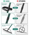 Lawn Leveling Rake 33x10 Inch With 78 Inch Adjustable Back Saving Handle Pro Grade Heavy Duty Stainless Steel Leveler Tool With 17 Inch Tines Head, ergonomic handle, and double buckle connection for garden, yard, farm, golf course soil smoothing and easy material spread comparison.