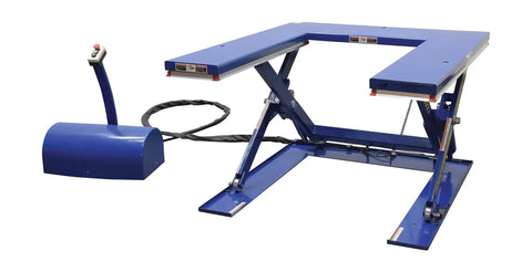 Heavy Duty Electric U Shaped Pallet Lift Table, 3000 Lb Capacity, Blue Powder Coated Steel Frame, Built Tough For Warehouse Work, No Sweat Loading And Unloading Rig Ready