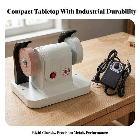 Solid Dual Wheel Bench Grinder And Compact Polishing Rig With Copper Motor Blade Sharpener Tool Honer sitting on a wooden table.