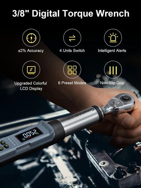 Digital Torque Wrench Three Eighths Inch Drive With Quick Socket Head Change No Delay Display Two Percent Accuracy in use