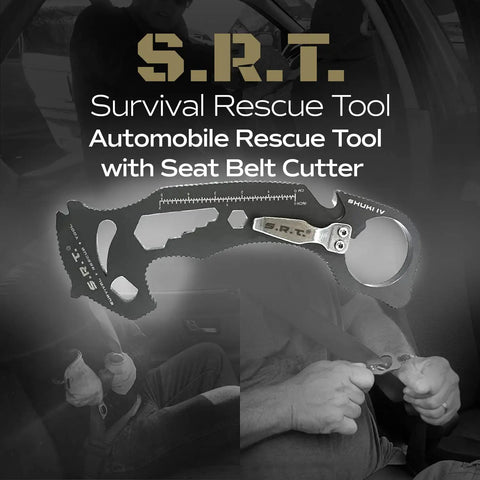 Must Have 14 Function Survival Rescue Tool For Everyday Carry And Car Emergencies, black multi-tool with seat belt cutter.