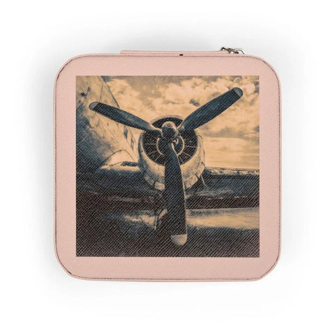 Propeller Inspired Aviation Jewelry Travel Case Pink With Plush Lining Compact 4x4x2 Inch displaying vintage propeller graphic
