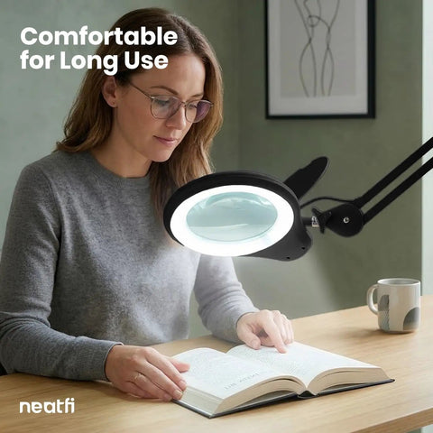 Woman reading under LED Magnifying Floor Lamp With Dual Bifocal Lenses 2.25x And 6x, 1200 Lumens, Dimmable Task Light, Rolling Base