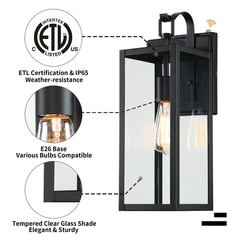Large Outdoor Wall Light With Dusk To Dawn Sensor, Matte Black Exterior Fixture, Clear Glass Shade, Waterproof Front Porch Lantern For House And Garage, ETL Listed Modern Sconce Lantern showing components and design features.