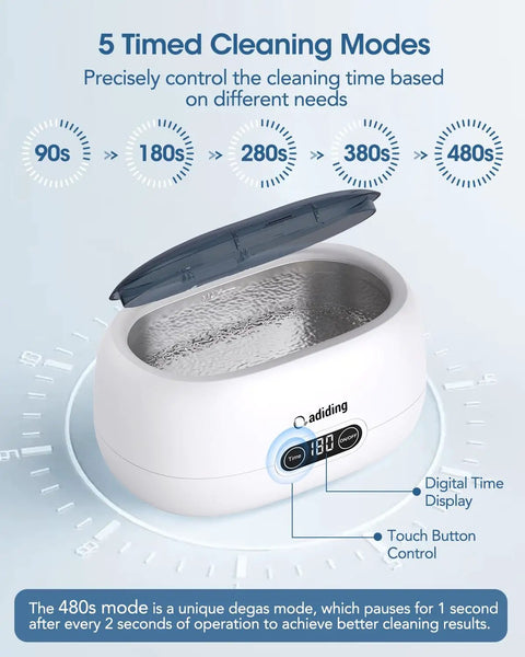 650mL Ultrasonic Jewelry Cleaner Machine With 35 Watt Power And 45Khz Frequency showing touch button control and timer display.