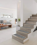Skid Resistant Carpet Stair Treads Set Of 15 With Moroccan Trellis Pattern In Misty Gray And Linen White 8 By 26 Inches Grippy Rubber Backing