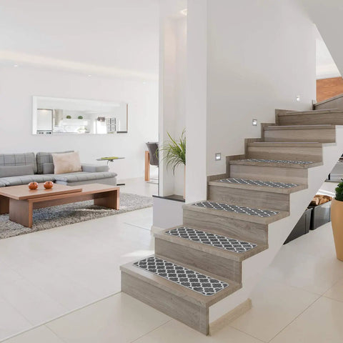Skid Resistant Carpet Stair Treads Set Of Fifteen With Moroccan Trellis Pattern In Misty Gray And Linen White 9 By 36 Inches Durable Non Slip Rubber Backing For Safe Steps And Easy Install In Any Home installed on modern stairs