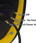 Close-up of control panel on Electric Forced Air Heater With 5120 BTU EUH1500, Built-In Thermostat And Overheat Shutoff, Adjustable Stand