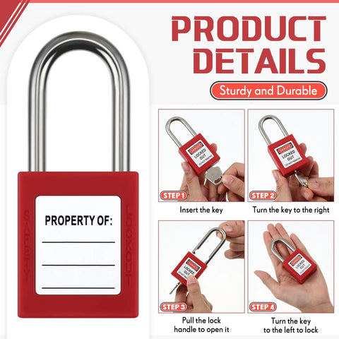 50 Piece Lockout Tagout Padlock Kit With Differently Keyed Safety Locks, Two Keys Per Lock, Red LOTO Locks shown being used