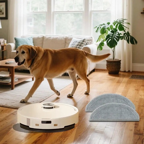 4 Pack Replacement Mop Pads For Roborock Q10 S5 S5 Plus Q10 X5 X5 Plus Robotic Vacuum Cleaner next to a dog in a living room