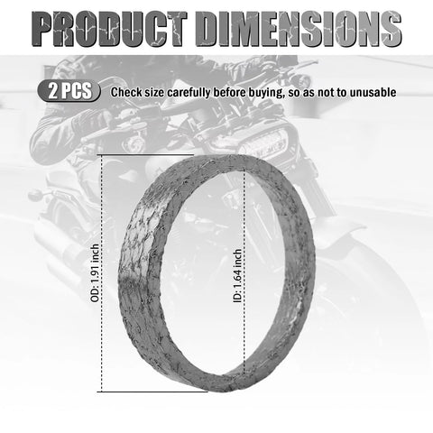 Two-piece graphite-steel exhaust gasket for Harley motorcycles; OD 1.91 in, ID 1.64 in.