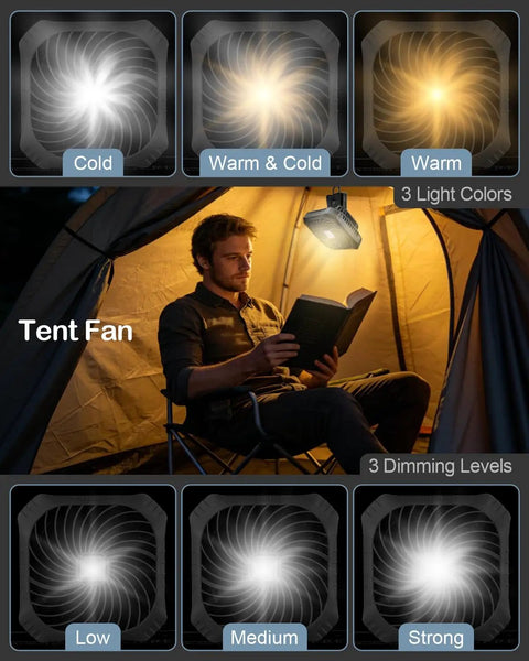Portable Camping Fan With LED Lantern For Outdoor Adventures showing light modes and dimming levels in a tent setting.