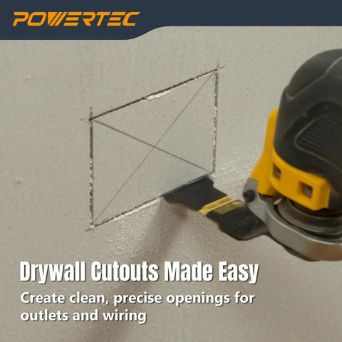 Heavy Duty Carbide Oscillating Tool Blades Three Piece Replacement Set With Dual Adapters cutting drywall for precise openings.