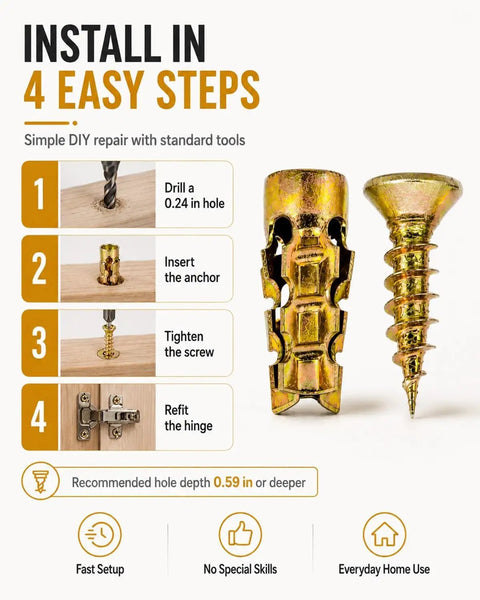 6x14mm Door Hinge Repair Kit For Loose Cabinets And Furniture installation steps with M6 Short Expansion Inserts