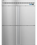 Commercial Upright Freezer With Two Section Layout Featuring Half Stainless Doors And Secure Lock, front view, stainless steel finish.
