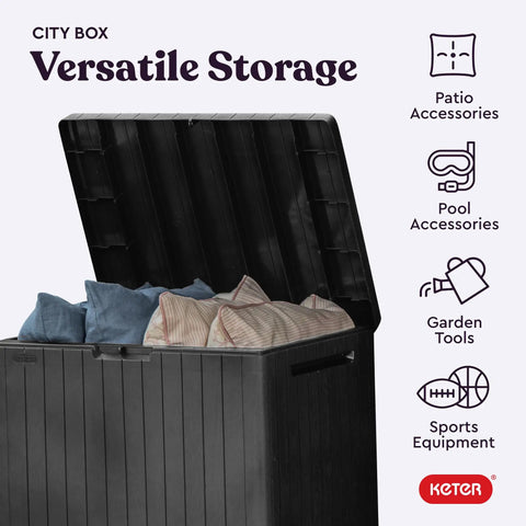 30 Gallon Outdoor Resin Storage Box That Doubles As A Patio Side Table For Pool And Garden Gear All Weather Durable With A Wood Look Finish