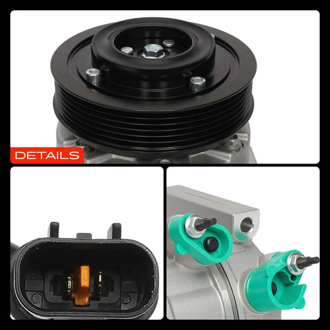 Built Tough AC Compressor With Clutch Straight Swap Kit For Hyundai Sonata And Kia Optima 2011 Through 2014 Vs16e Model close-up of six groove pulley and connectors.