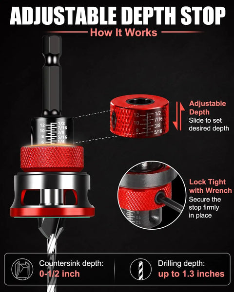 Adjustable depth stop collar for Professional Countersink Drill Bit Set with hex shank for woodworking.