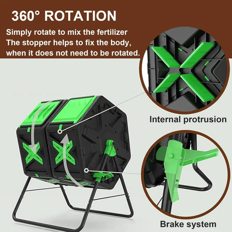 Easy Assembly Outdoor Compost Tumbler With Dual Chamber Rotating Bin showing 360° rotation, brake system and internal protrusion.
