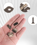 Antique Bronze 180 Degree Mini Hinge Set With 10 Hinges And 40 Screws for Wooden Boxes, shown in hand with close-up details.