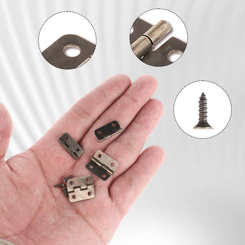 Antique Bronze 180 Degree Mini Hinge Set With 10 Hinges And 40 Screws for Wooden Boxes, shown in hand with close-up details.