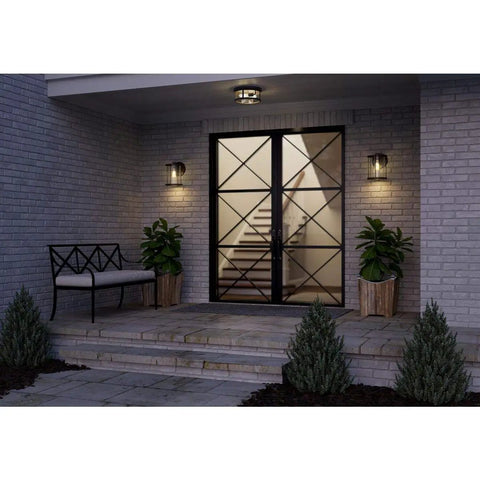 Two Light Outdoor Flush Mount Light In Antique Bronze With Clear Glass Diffuser in covered patio entrance enhancing farmhouse vibe