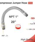 Heavy Duty Stainless Steel Air Compressor Jumper Hose One Inch By Twenty Feet Featuring Flexible Bspp Swivel Couplers and Screw Fit Npt Adapter Inserts, 20-inch length with 870 PSI rating.