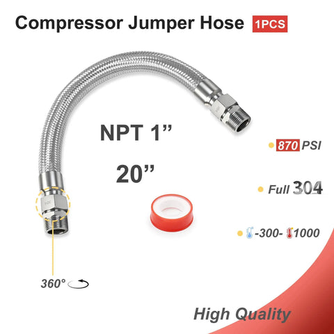 Heavy Duty Stainless Steel Air Compressor Jumper Hose One Inch By Twenty Feet Featuring Flexible Bspp Swivel Couplers and Screw Fit Npt Adapter Inserts, 20-inch length with 870 PSI rating.