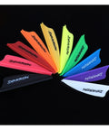 TPU 1.75 Inch Arrow Vanes Kit with airflow groove in vibrant colors, shown fanned out on black background for crossbow arrows.
