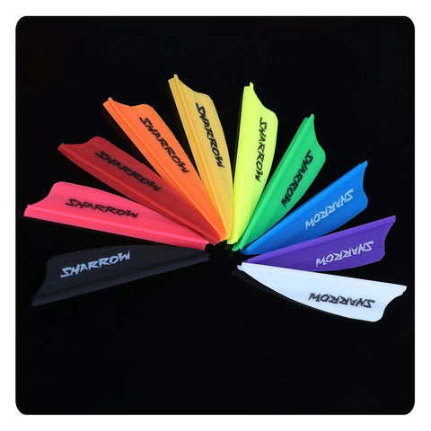 TPU 1.75 Inch Arrow Vanes Kit with airflow groove in vibrant colors, shown fanned out on black background for crossbow arrows.