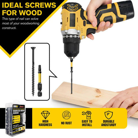 Pack Of Three Hundred Eight By One And A Quarter Inch Black Knurled Wood Screws With Free T25 Bit shown drilling wood