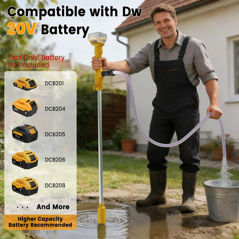Man using Cordless Water Transfer Pump Stick Go Cordless With 20V Battery Compatibility 720 GPH Portable Electric Pump outdoors.