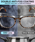 Comparison of 4 Pack Anti Fog Safety Glasses For Women Nurses, clear vs foggy lenses over a steaming pot, with double anti-fog coating.