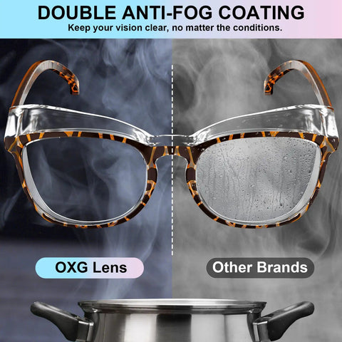 Comparison of 4 Pack Anti Fog Safety Glasses For Women Nurses, clear vs foggy lenses over a steaming pot, with double anti-fog coating.