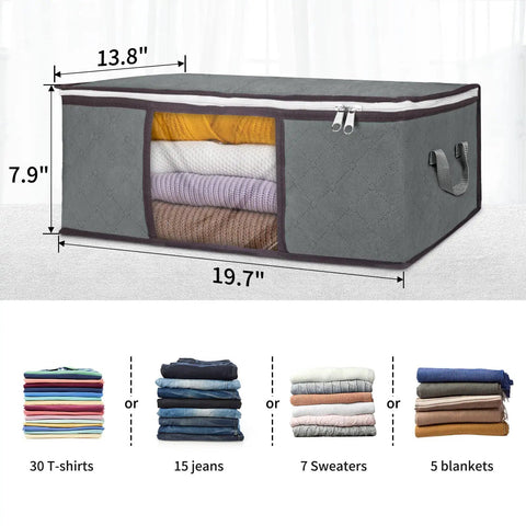 35L Foldable Storage Bags Six Pack With Clear Window And Sturdy Handles for Clothes Blankets Towels and Toys, grey fabric