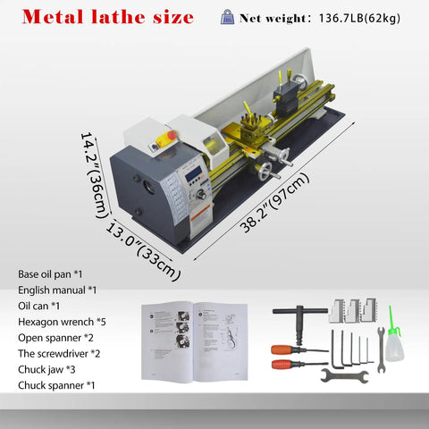1100W Benchtop Mini Metal Lathe 8X24 Inch with included tools, net weight 136.7LB, digital display, and precise dimensions.