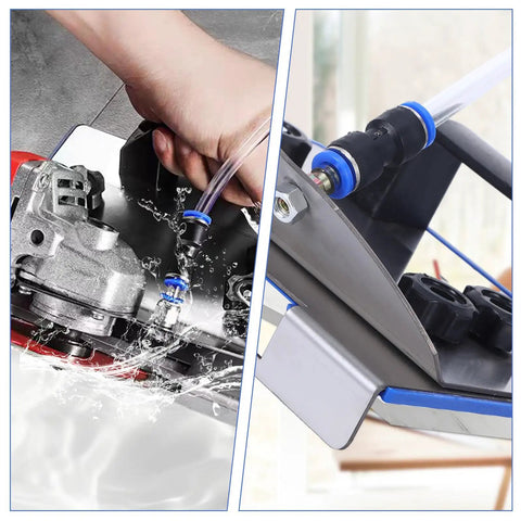 Adjustable 45 Degree Tile Chamfering Tool With Angle Grinder Stand And Attachments Includes 1 Meter Hose Gloves Screwdrivers Two Blades Bracket Set For Pro Grade Tile Cuts And Easy Chamfers Fathers Day Gift in action with water hose attached